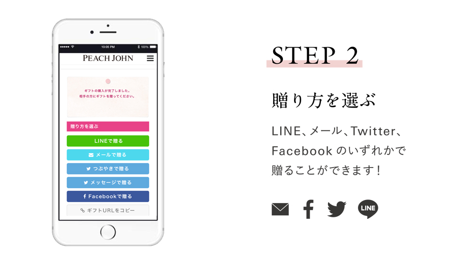 peachjohn egift 贈り方を選ぶ LINE、メール、X、Facebookのいずれかで贈ることができます。