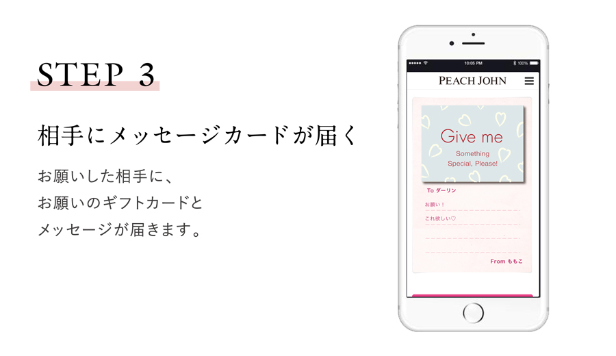 peachjohn egift 気になる彼にメッセージカードが届く お願いのギフトカードとメッセージがお願いした相手に届きます。